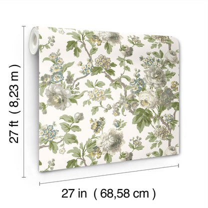 Floral botanical wallpaper roll in white with green leaves and pale blue-gray blossoms; 27in wide x 27ft long.