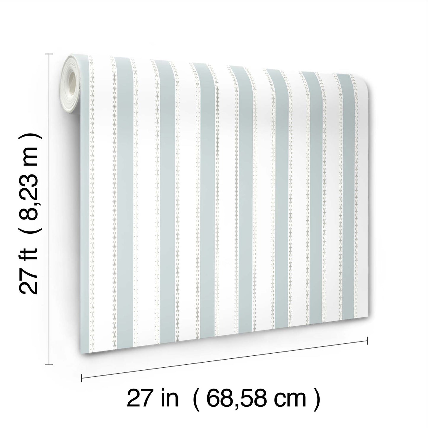 Rolled wallpaper with pale blue and white vertical stripes with dotted accents; 27 in wide by 27 ft long.