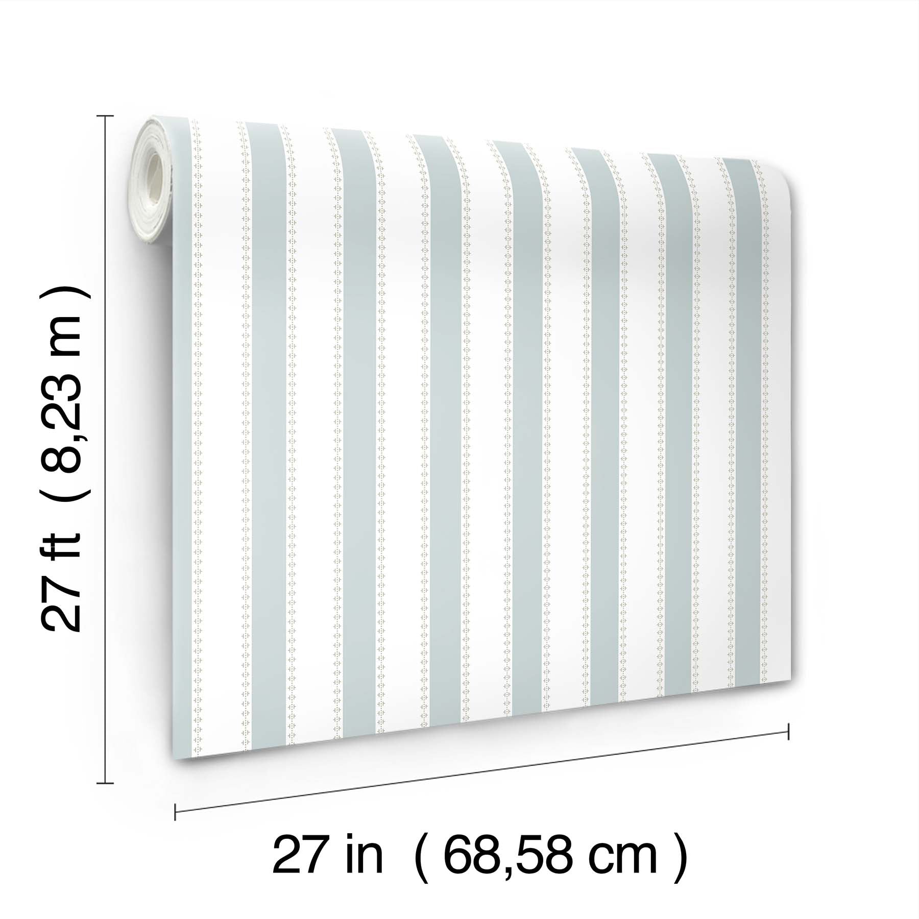 Rolled wallpaper with pale blue and white vertical stripes with dotted accents; 27 in wide by 27 ft long.