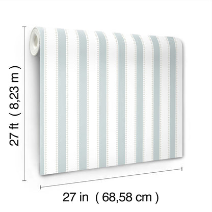 Rolled wallpaper with pale blue and white vertical stripes with dotted accents; 27 in wide by 27 ft long.