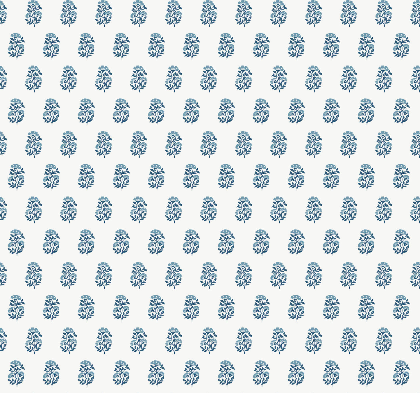 Blue floral motifs repeating on a white background; delicate vintage-style decorative pattern.