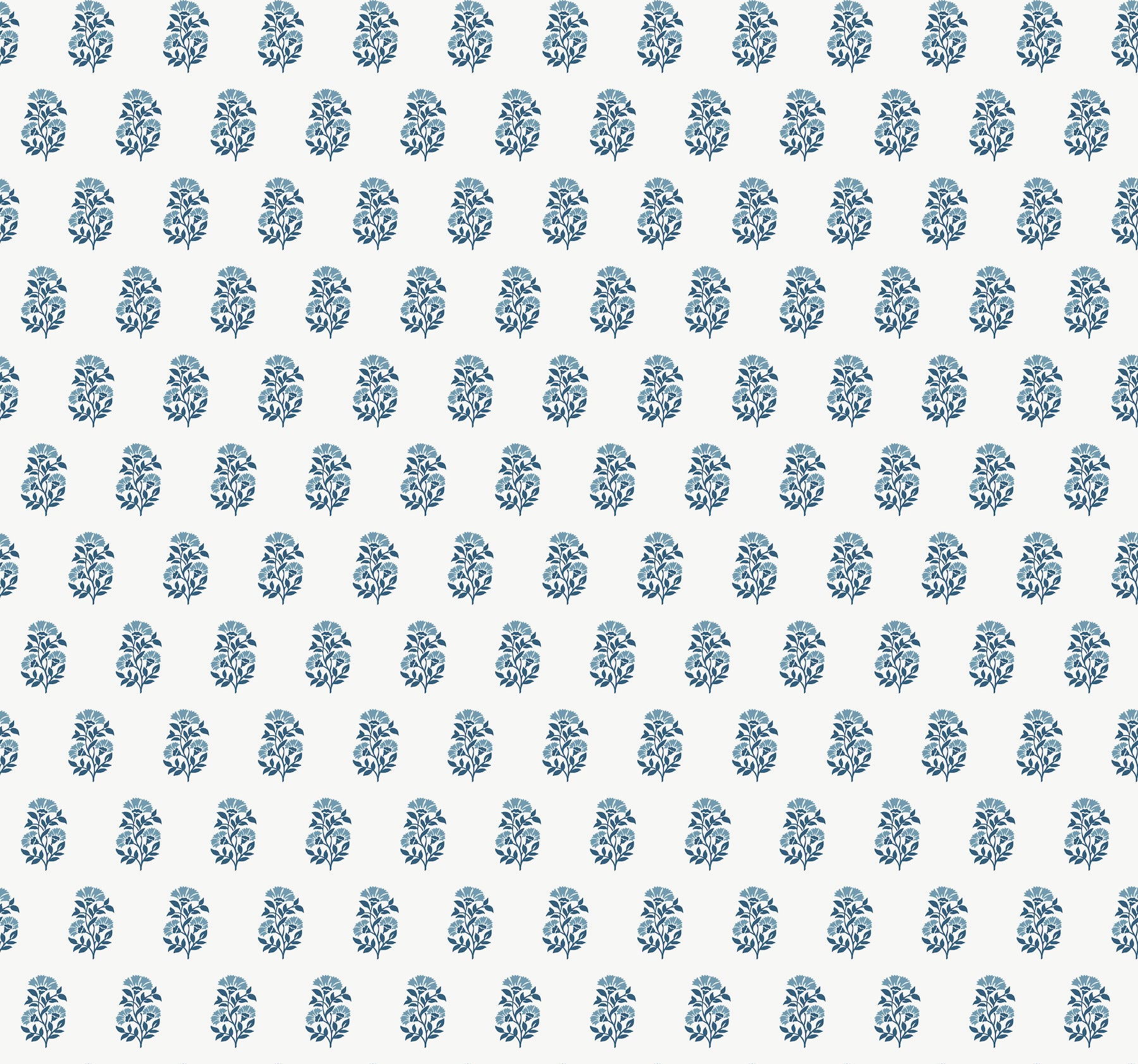 Blue floral motifs repeating on a white background; delicate vintage-style decorative pattern.