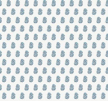 Blue floral motifs repeating on a white background; delicate vintage-style decorative pattern.