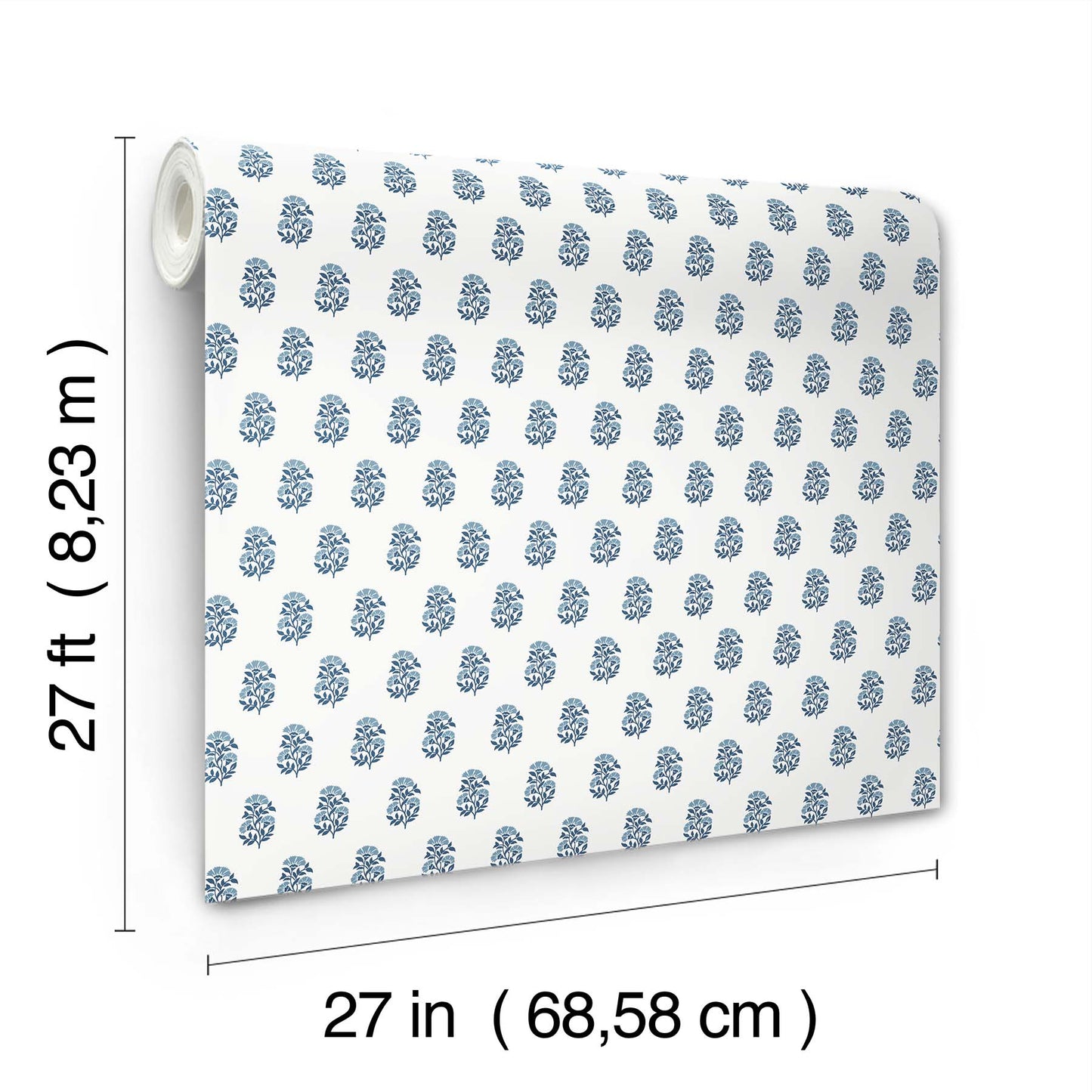 Blue floral pattern wallpaper roll on white, decorative wallcovering; 27 in x 27 ft.