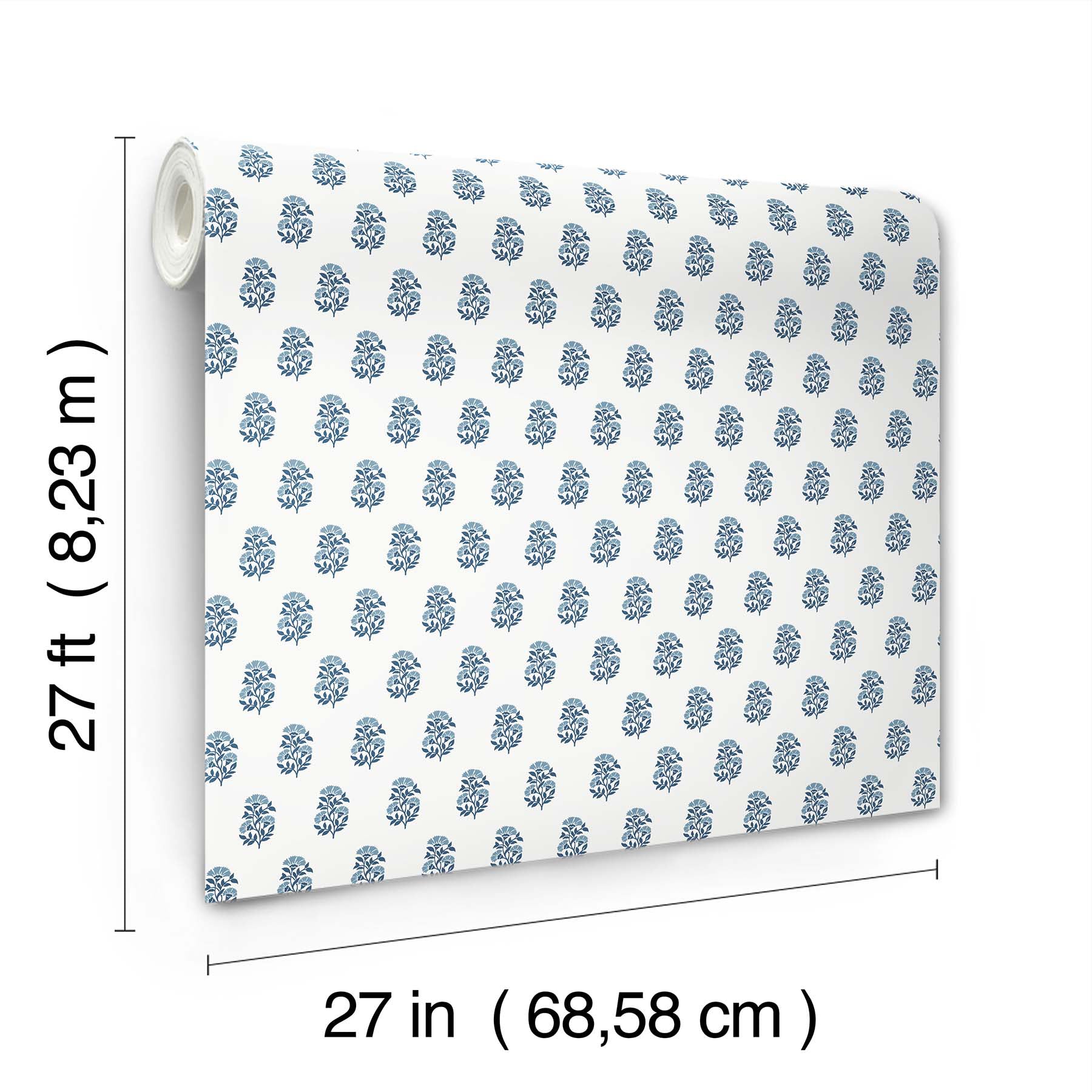 Blue floral pattern wallpaper roll on white, decorative wallcovering; 27 in x 27 ft.