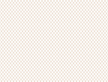Cream beige wallpaper with a subtle gradient and a lace-like dotted edge, featuring a rose floral stamp pattern in farmhouse pink.
