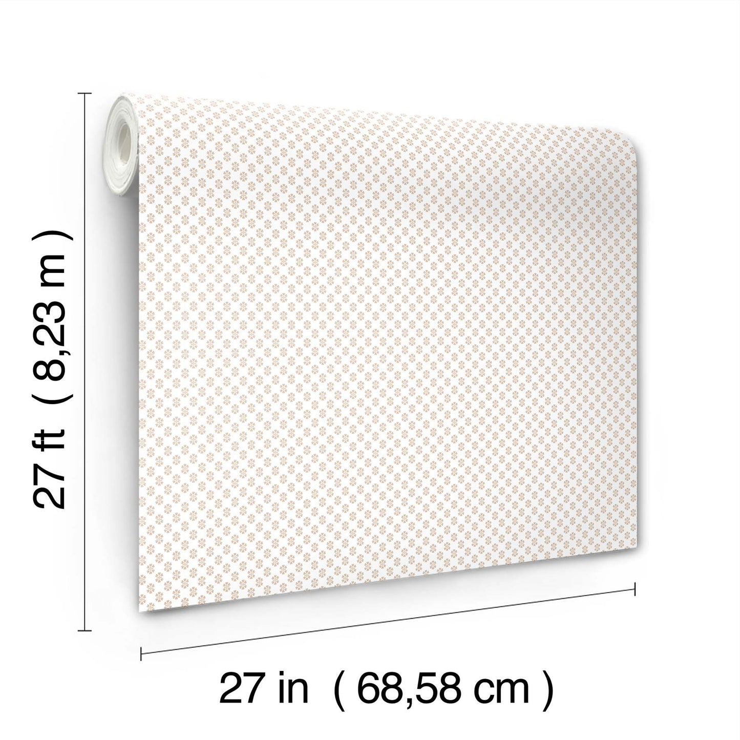Wallpaper roll with pink rose floral stamp pattern on white background, shown unrolled; 27 in wide by 27 ft long.