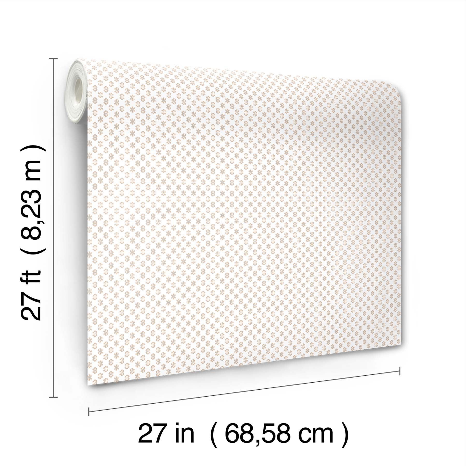 Wallpaper roll with pink rose floral stamp pattern on white background, shown unrolled; 27 in wide by 27 ft long.