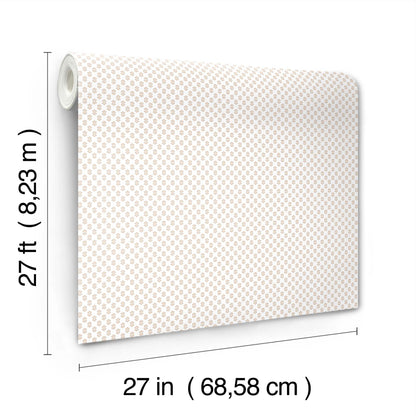 Wallpaper roll with pink rose floral stamp pattern on white background, shown unrolled; 27 in wide by 27 ft long.