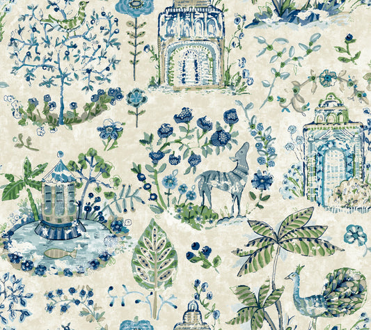 York Wallcoverings Antonina Vella Parc Sapphire Garden Dreams Wallpaper Botanical Eclectic Blue & Green  Wallpaper - VP1402