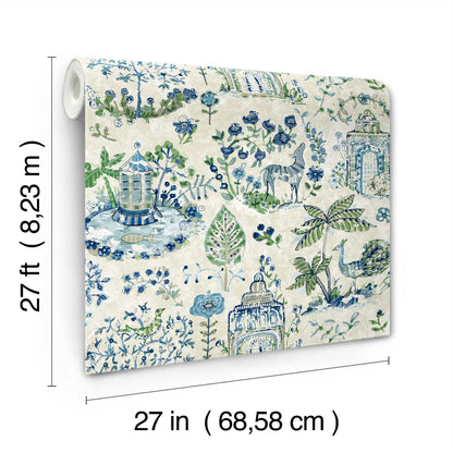 York Wallcoverings Antonina Vella Parc Sapphire Garden Dreams Wallpaper Botanical Eclectic Blue & Green  Wallpaper - VP1402