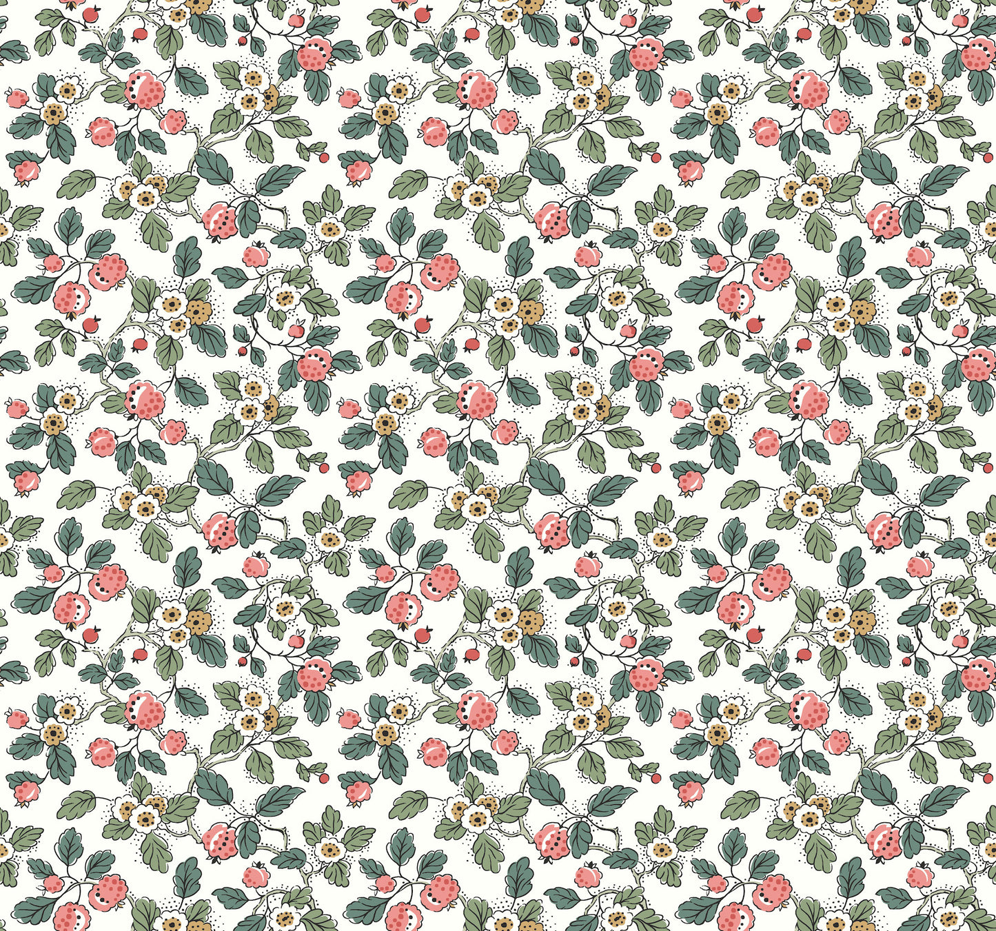 York Wallcoverings Antonina Vella Framboise Pink Berry Vines Wallpaper Botanical Whimsical Berry & Green  Wallpaper - VP1412