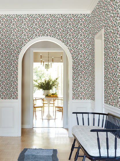 York Wallcoverings Antonina Vella Framboise Pink Berry Vines Wallpaper Botanical Whimsical Berry & Green  Wallpaper - VP1412