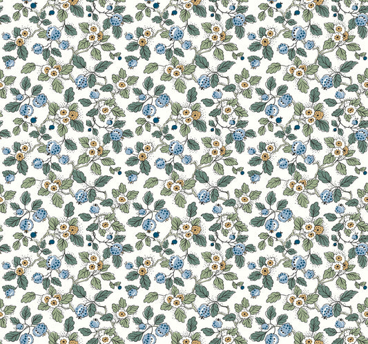 York Wallcoverings Antonina Vella Framboise Blue Berry Vines Wallpaper Botanical Whimsical Blue & Green  Wallpaper - VP1413