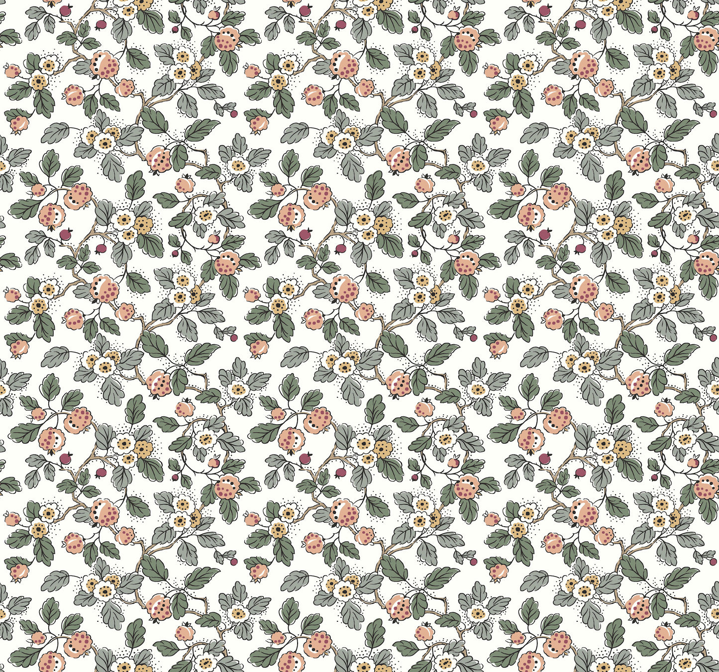 York Wallcoverings Antonina Vella Framboise Blush Berry Vines Wallpaper Botanical Whimsical Salmon & Eucalyptus  Wallpaper - VP1414