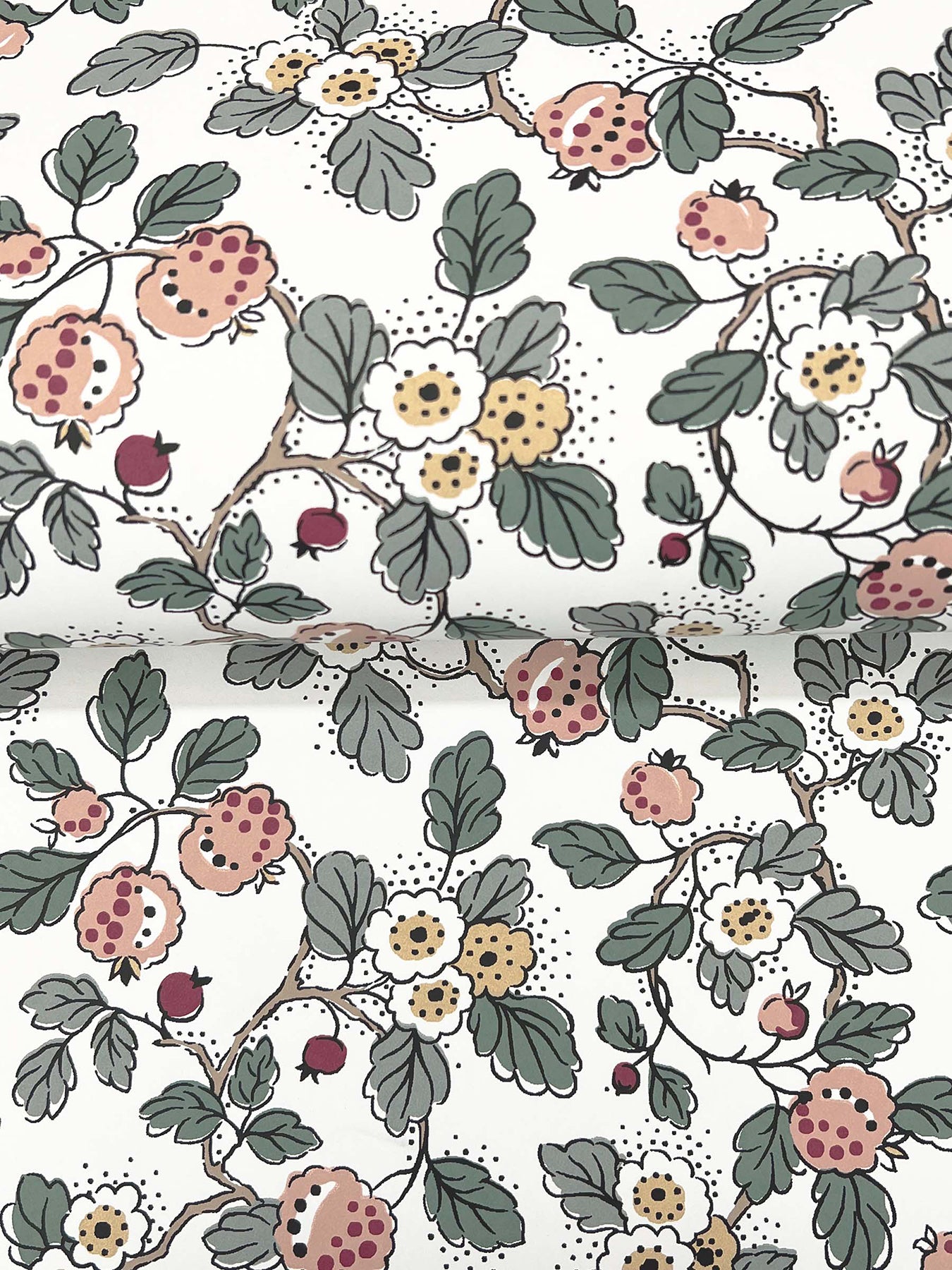York Wallcoverings Antonina Vella Framboise Blush Berry Vines Wallpaper Botanical Whimsical Salmon & Eucalyptus  Wallpaper - VP1414