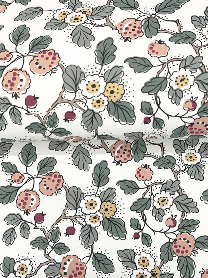 York Wallcoverings Antonina Vella Framboise Blush Berry Vines Wallpaper Botanical Whimsical Salmon & Eucalyptus  Wallpaper - VP1414