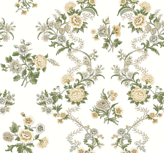 York Wallcoverings Antonina Vella Genevieve Butter Floral Trail Wallpaper Botanical Farmhouse Butter & Green  Wallpaper - VP1421