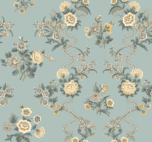 York Wallcoverings Antonina Vella Genevieve Harbor Blue Floral Trail Wallpaper Botanical Farmhouse Harbor Blue  Wallpaper - VP1422