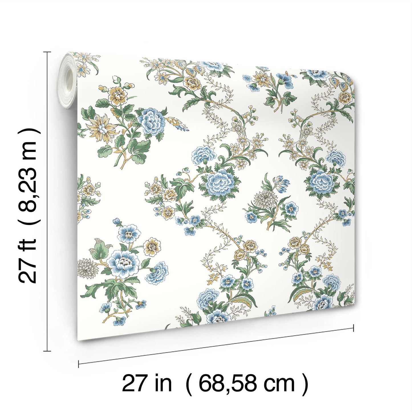 York Wallcoverings Antonina Vella Genevieve Sapphire Floral Trail Wallpaper Botanical Farmhouse Blue & Green  Wallpaper - VP1423