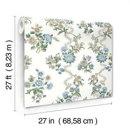 York Wallcoverings Antonina Vella Genevieve Sapphire Floral Trail Wallpaper Botanical Farmhouse Blue & Green  Wallpaper - VP1423