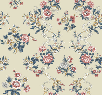 York Wallcoverings Antonina Vella Genevieve Rose Floral Trail Wallpaper Botanical Farmhouse Red & Navy  Wallpaper - VP1424