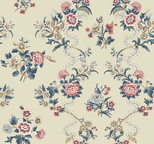 York Wallcoverings Antonina Vella Genevieve Rose Floral Trail Wallpaper Botanical Farmhouse Red & Navy  Wallpaper - VP1424