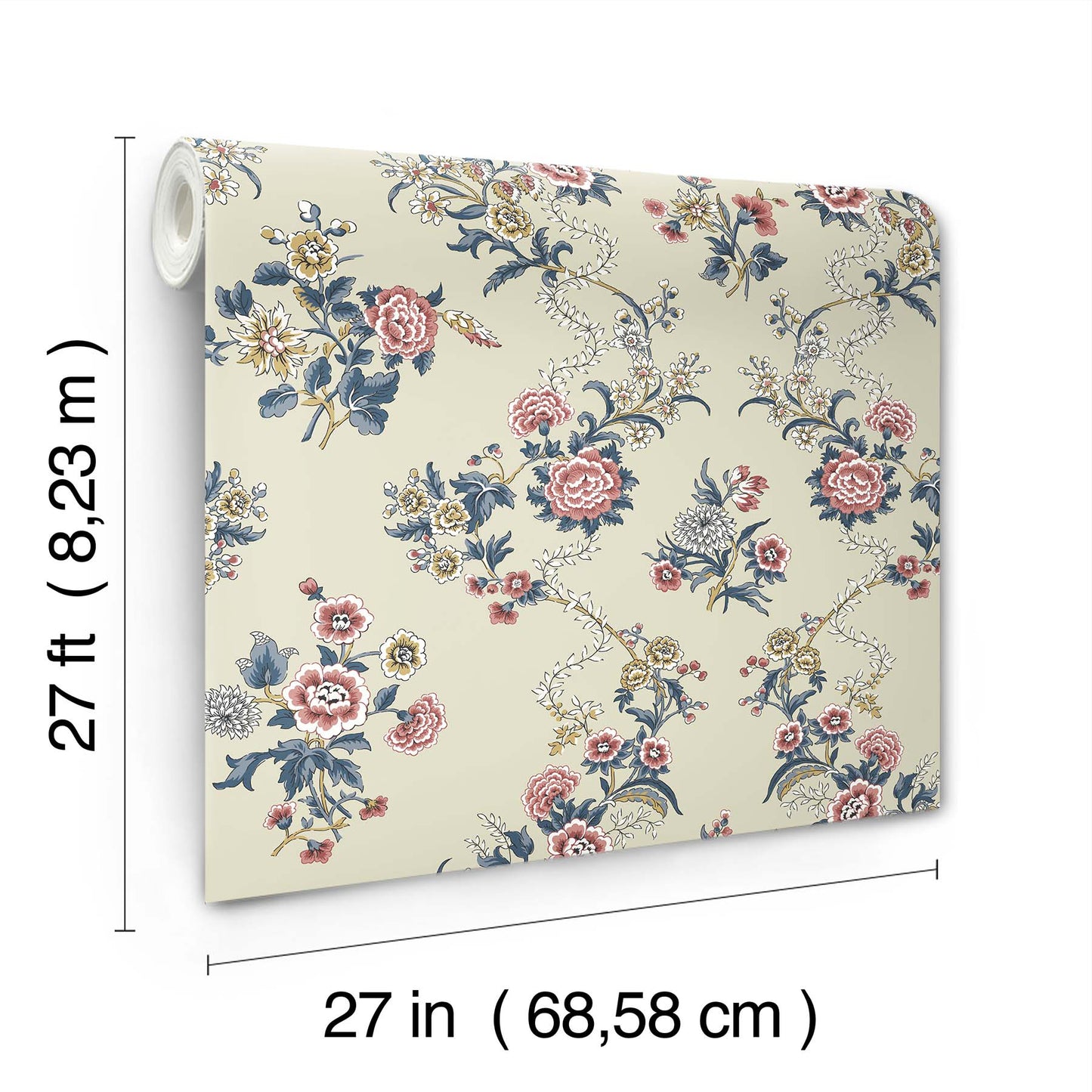 York Wallcoverings Antonina Vella Genevieve Rose Floral Trail Wallpaper Botanical Farmhouse Red & Navy  Wallpaper - VP1424