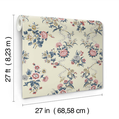 York Wallcoverings Antonina Vella Genevieve Rose Floral Trail Wallpaper Botanical Farmhouse Red & Navy  Wallpaper - VP1424
