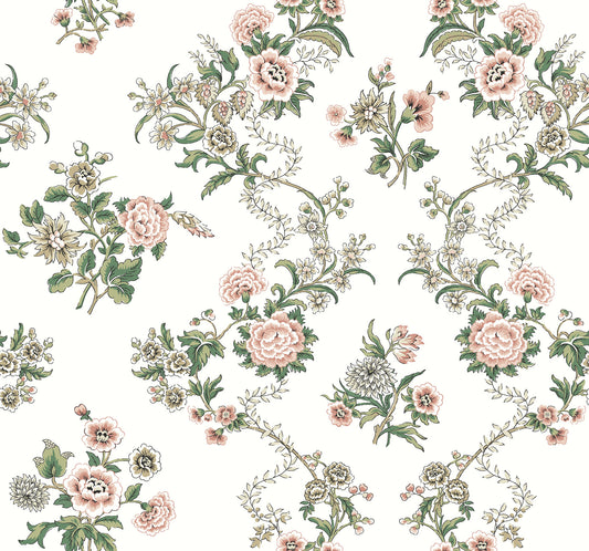 York Wallcoverings Antonina Vella Genevieve Blush Floral Trail Wallpaper Botanical Farmhouse Pink & Green  Wallpaper - VP1425