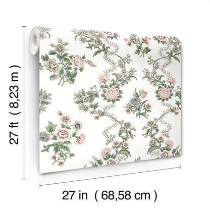 York Wallcoverings Antonina Vella Genevieve Blush Floral Trail Wallpaper Botanical Farmhouse Pink & Green  Wallpaper - VP1425