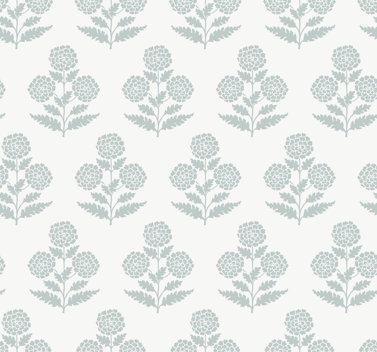 Repeating pale blue-green botanical wallpaper with rounded flower clusters along vertical stems on cream background