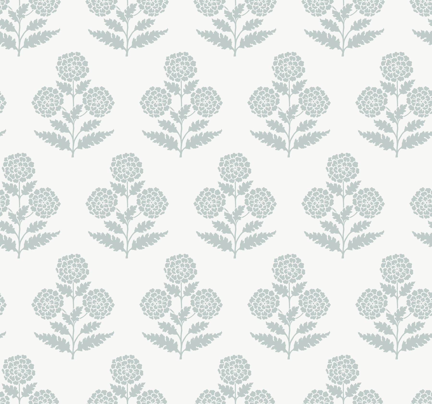 Repeating pale blue-green botanical wallpaper with rounded flower clusters along vertical stems on cream background