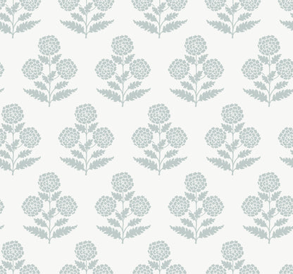 Repeating pale blue-green botanical wallpaper with rounded flower clusters along vertical stems on cream background