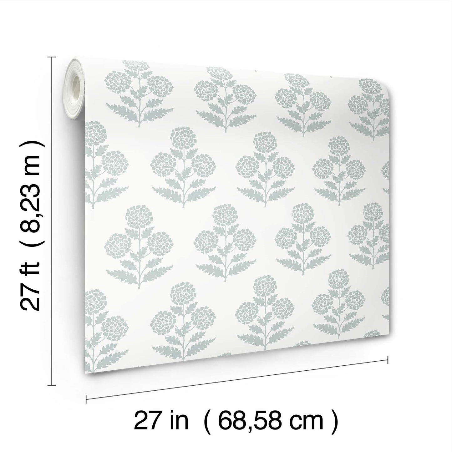 Wallpaper roll featuring a repeating light blue marigold floral motif; 27 in wide by 27 ft long.