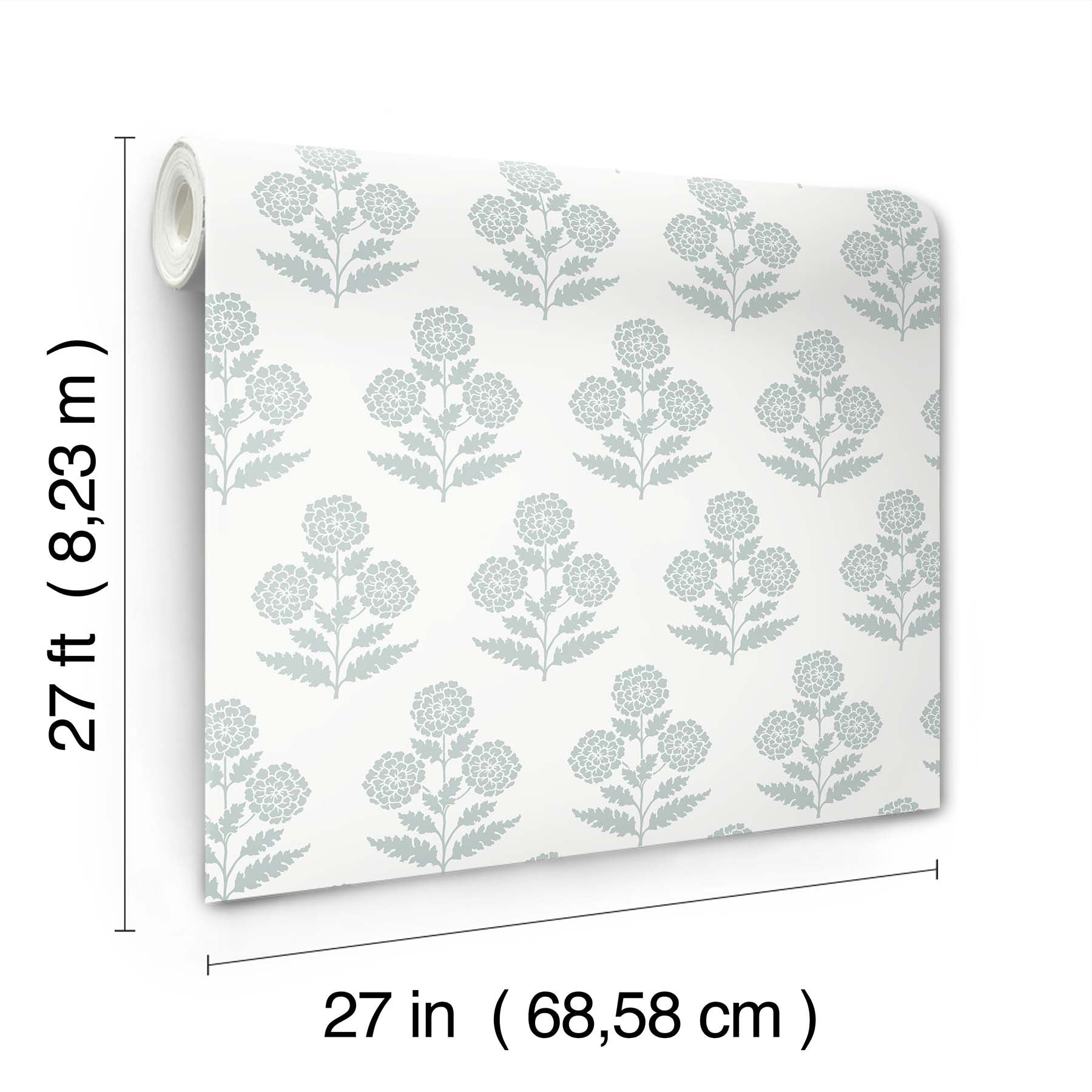 Wallpaper roll featuring a repeating light blue marigold floral motif; 27 in wide by 27 ft long.