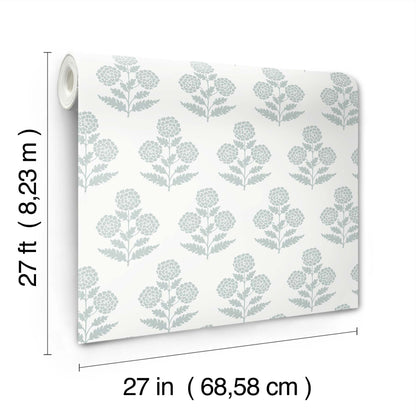 Wallpaper roll featuring a repeating light blue marigold floral motif; 27 in wide by 27 ft long.