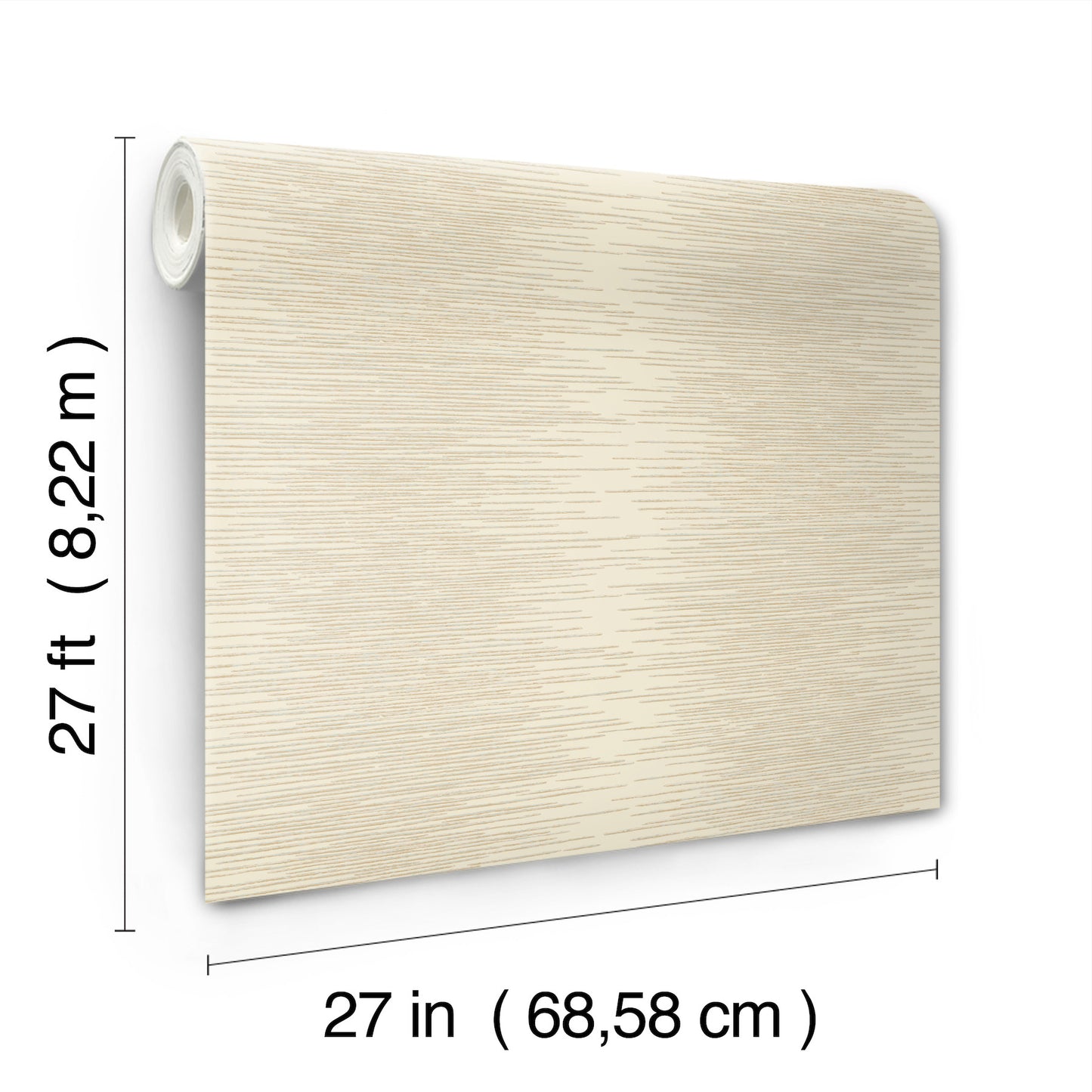 Beige textured wallpaper panel with subtle horizontal brush marks; wall-covering sample with roll core on the left.