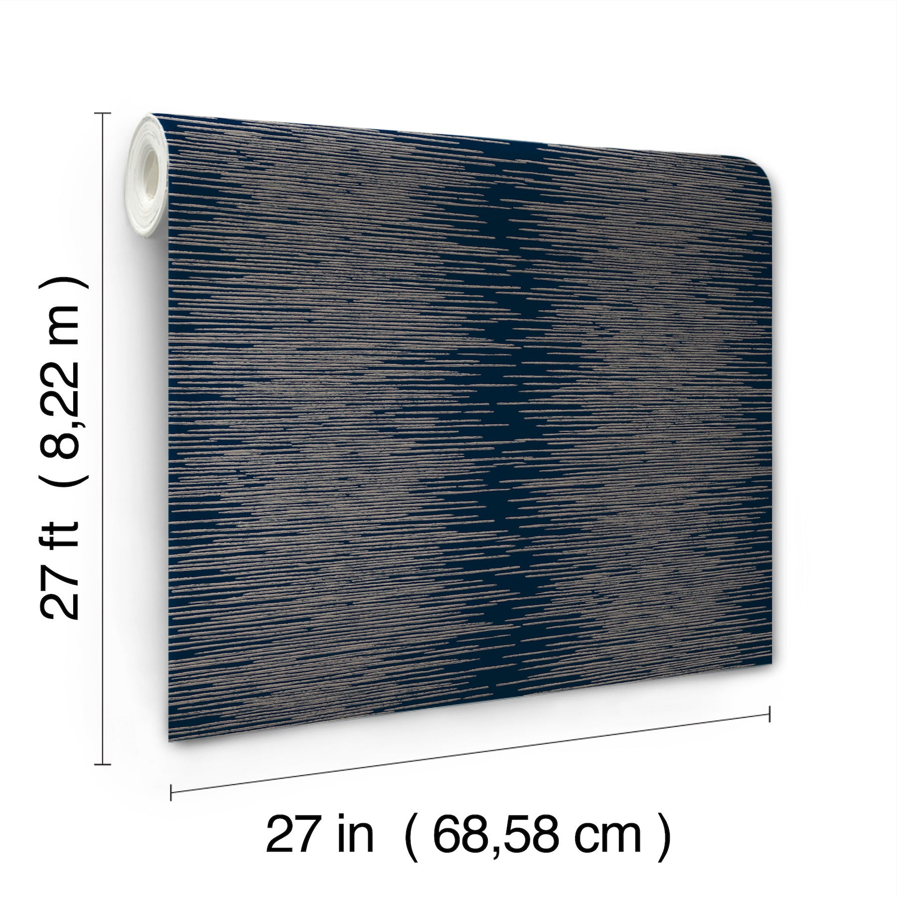 27x27 in navy wallpaper with tan irregular streaks, vinyl texture, rolled-core edge.