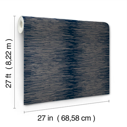 27x27 in navy wallpaper with tan irregular streaks, vinyl texture, rolled-core edge.