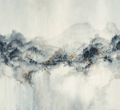 Blue-gray watercolor landscape print with misty mountains and brown accents for calm wall decor.