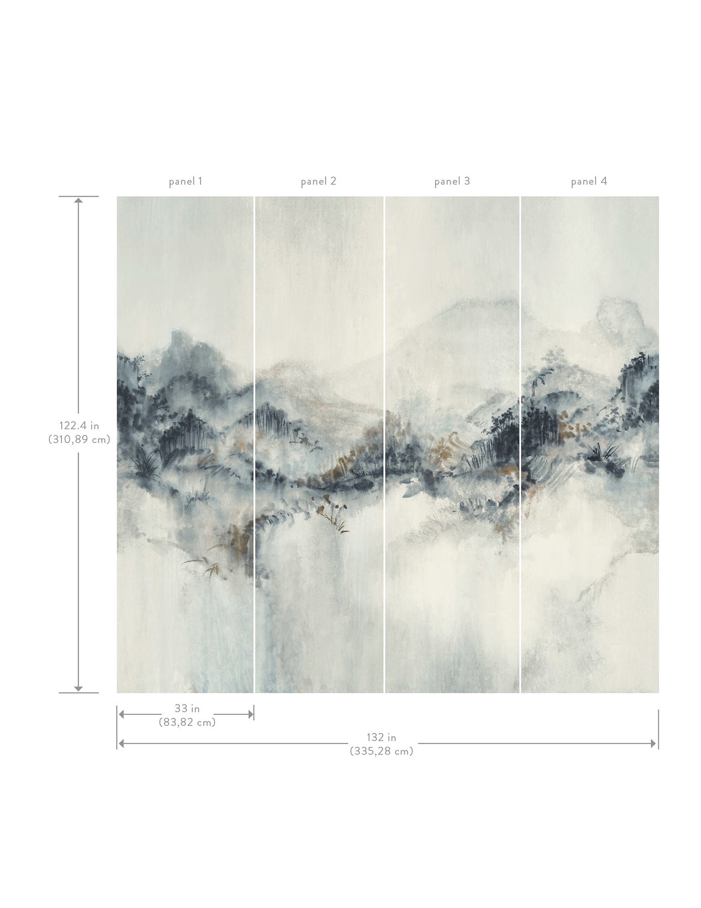 Four-panel watercolor-style mountain scene in blue-gray tones; 132in wide by 122in tall, each panel 33in.