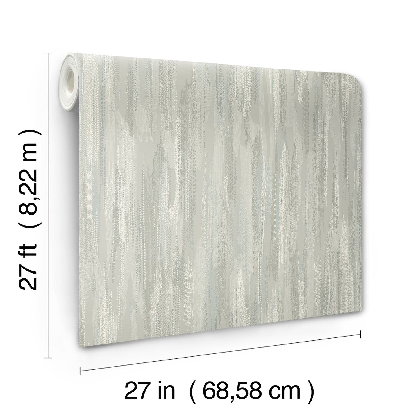 Aqua texture-striped wallpaper with abstract bohemian design; wallpaper roll, 27 in wide by 27 ft long.
