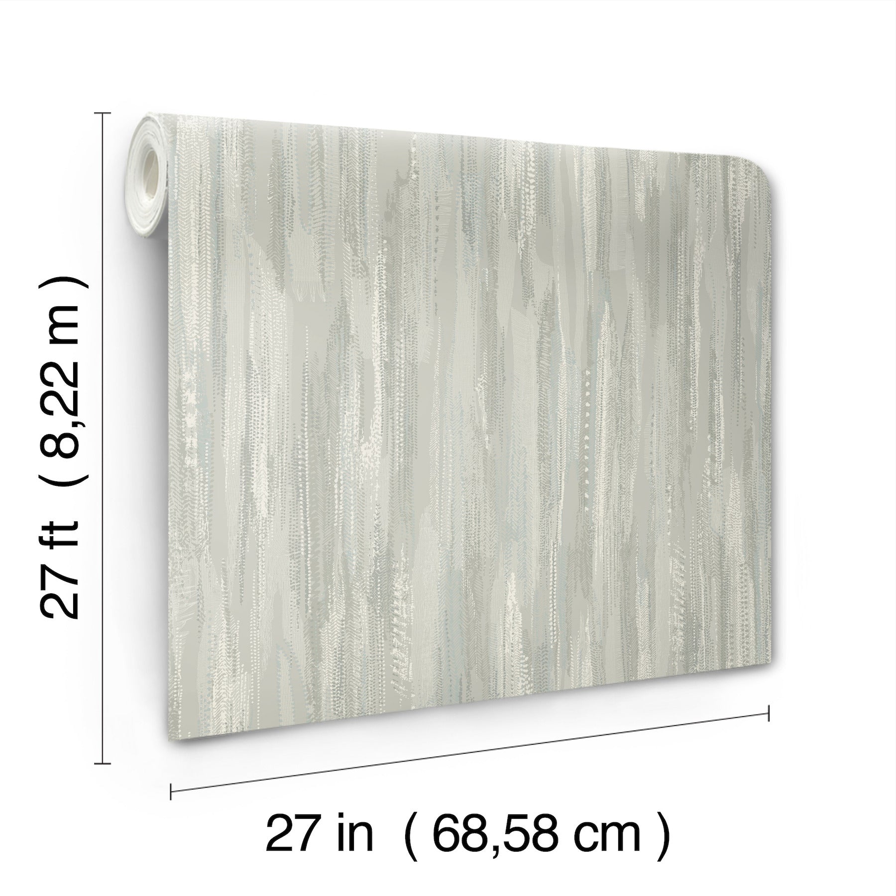 Aqua texture-striped wallpaper with abstract bohemian design; wallpaper roll, 27 in wide by 27 ft long.