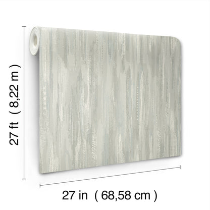 Aqua texture-striped wallpaper with abstract bohemian design; wallpaper roll, 27 in wide by 27 ft long.