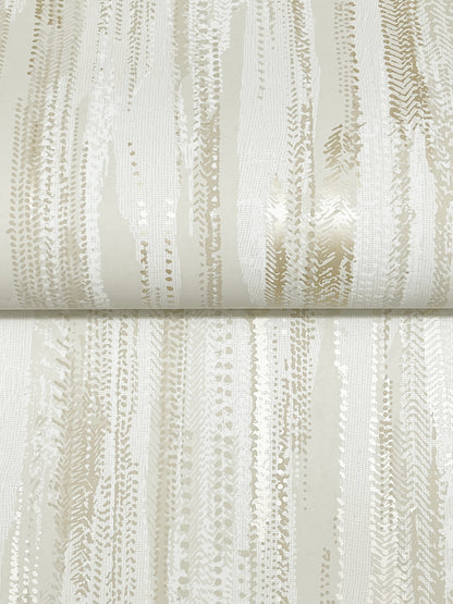 Cream wallpaper with vertical metallic beige fern-like stripes; rolled sample.
