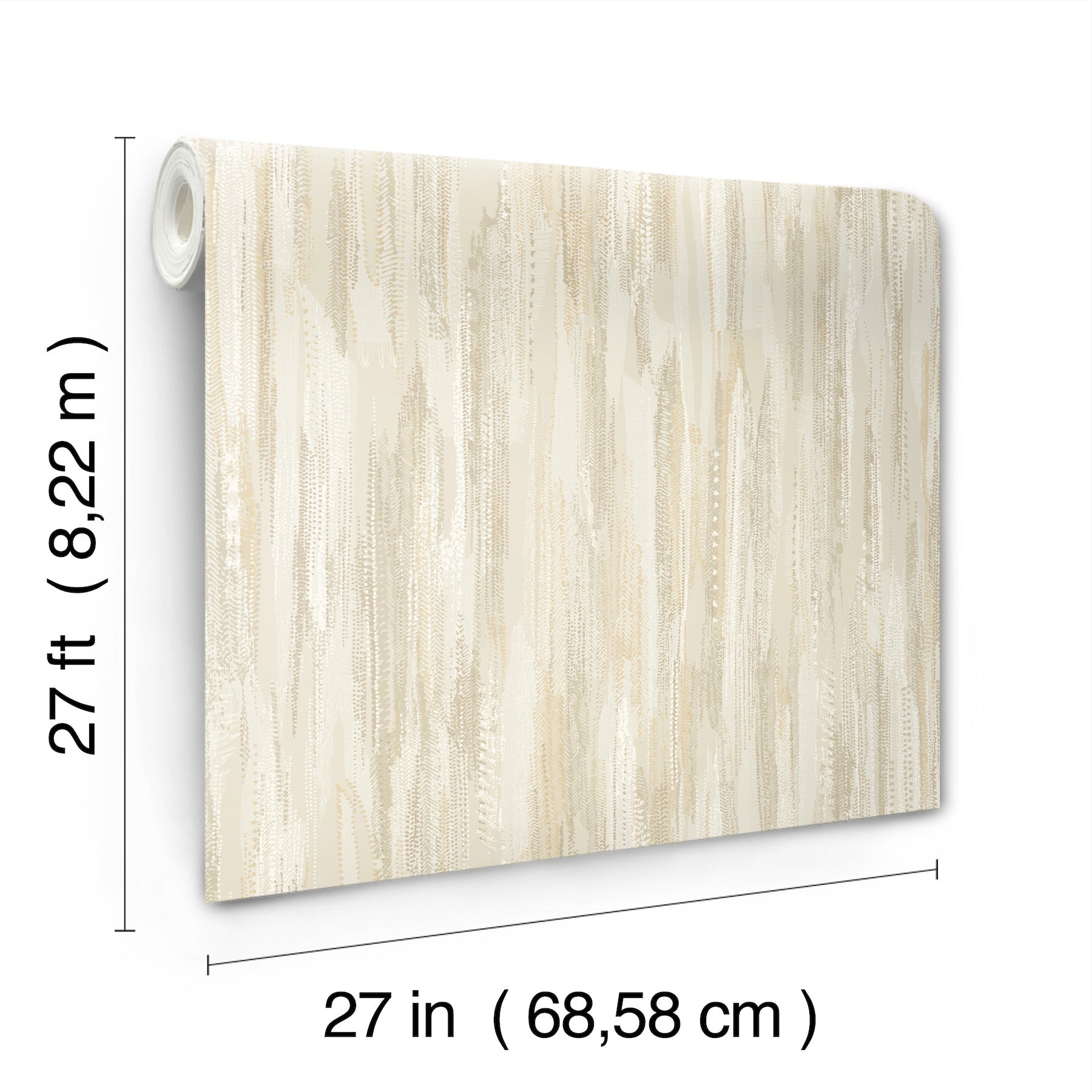 Beige woodgrain wallpaper panel, rolled at top-left; 27 in x 27 ft, cream and tan tones, rustic modern style.