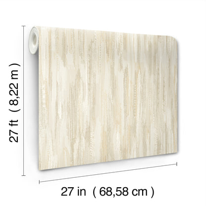 Beige woodgrain wallpaper panel, rolled at top-left; 27 in x 27 ft, cream and tan tones, rustic modern style.