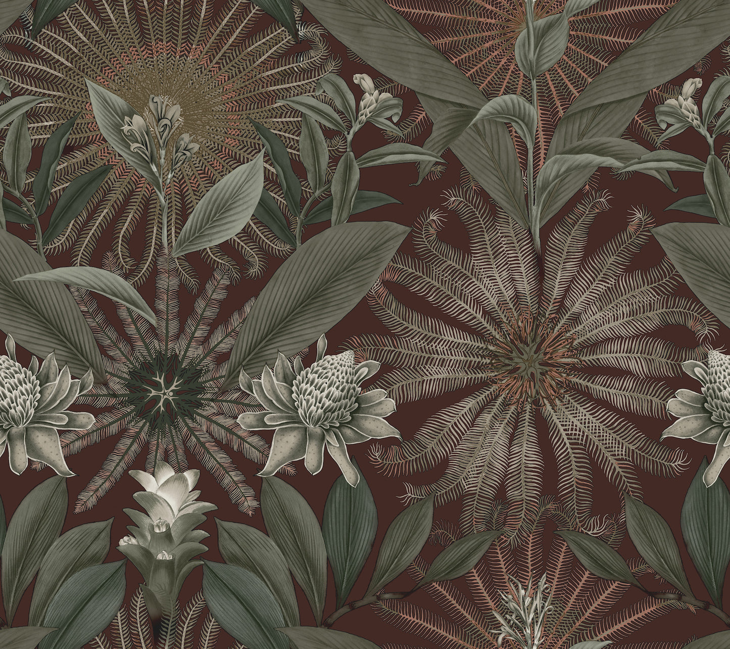 York Wallcoverings Ronald Redding Enchanted Garden Maroon Tropical Wallpaper Botanical Bohemian Maroon  Wallpaper - VR1528