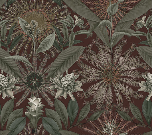 York Wallcoverings Ronald Redding Enchanted Garden Maroon Tropical Wallpaper Botanical Bohemian Maroon  Wallpaper - VR1528